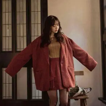 mideal 트위드 오버 재킷 버건디