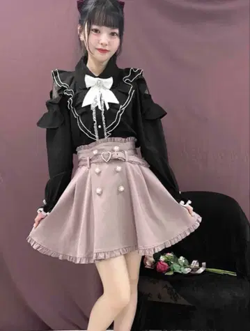 ROJITA 프론트 W 버튼 벨트 플레어 스커트 핑크