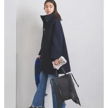 유나이티드 애로우즈 스탠드 카라 울 코트 미들 기장 네이비 36