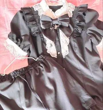 시크릿 허니 리본 레이스 프릴 반팔 셋업 블랙