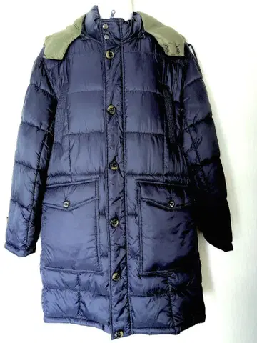 네이비 후드 부착 패딩 자켓 롱 기장