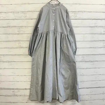 스탠드 카라 스트라이프 셔츠 원피스 S 화이트 그레이 롱 봄/여름