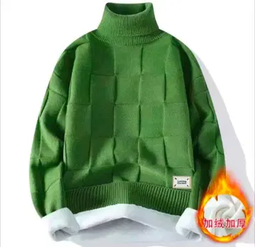 [울트라 웜] 속기모 터틀넥 니트 그린 체크 패턴 방한 두꺼운 원단 그린