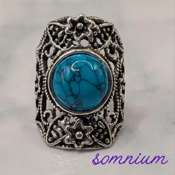[ 보헤미안 스타일 ] 터콰이즈 컬러 와이드 반지 앤티크 실버