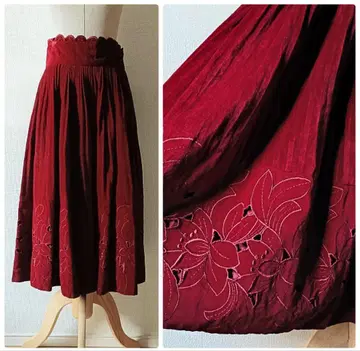 유럽 구제 의류 빈티지 벨벳 스커트 아이렛 자수 보르도