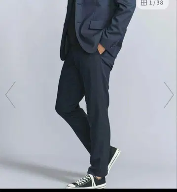 네이비 샴브레이 PE 노플리츠 슬림 슬랙스