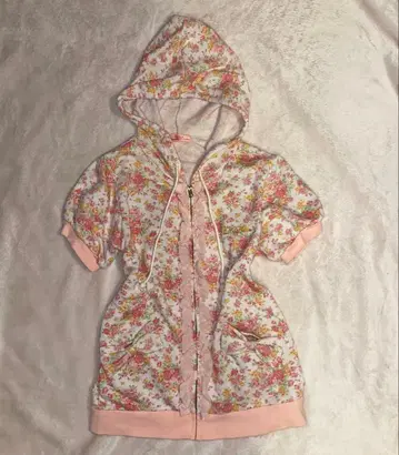 공주 갸루 구제 의류 y2k 리즈리사 꽃무늬 리본 프릴 후드 지퍼 후드티