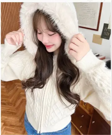 후드 퍼 집업 케이블 니트 가디건