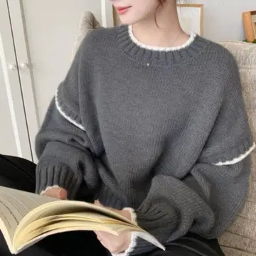 로우 게이지 배색 피코 편직 니트 풀오버 차콜 그레이 L 사이즈