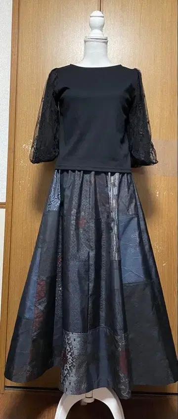 기모노 리메이크 남색 계열 오시마 패치워크 A라인 스커트 16폭