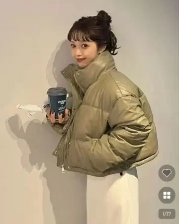 nugu may 인조 가죽 패딩 자켓 카키