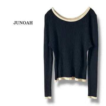 [ JUNOAH ] 주노아 U넥 리브 니트 슬림 바이컬러 블랙 스트레치