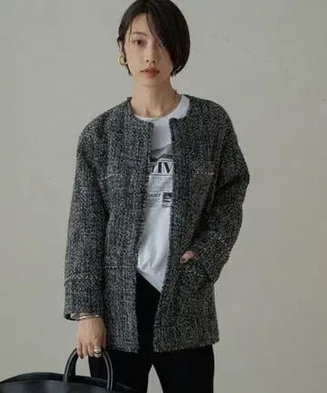 Loungedress 체인 트위드 자켓 노카라 그레이 계열 울