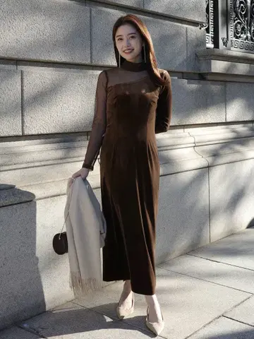 미사용 새상품 anuans 시어 콤비 타이트 원피스 브라운 아뉴앙스