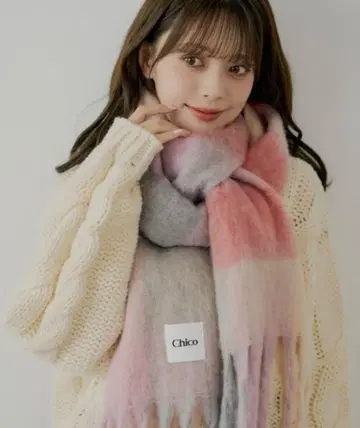 Chico 볼륨 체크 스톨 머플러 핑크