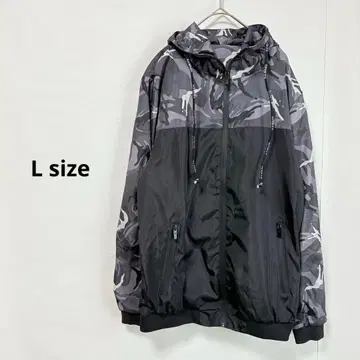 윈드브레이커 L 그레이 카모 패턴 집업 후드티 후드 부착 방한