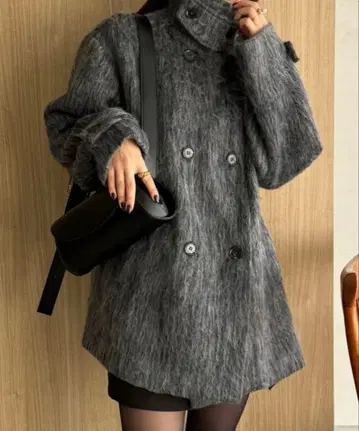 JUNOAH 주노아 스탠드 카라 샤기 미들 코트 L 그레이