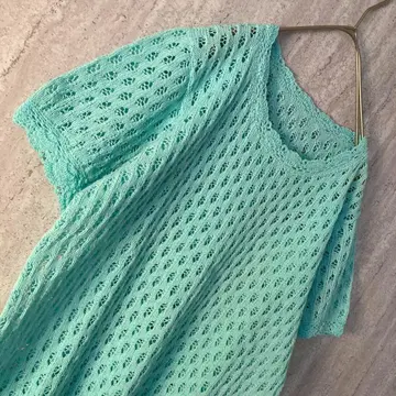 빈티지 레트로 크로 셰 뜨개질 니트 반팔 앤티크 스카이블루 연한 그린