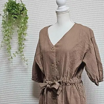 tip top(M) 허리 리본 린넨 셔츠 원피스 브라운