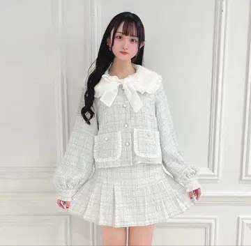 허니시나몬 펄 버튼 트위드 자켓 트위드 플리츠 스커트 sax