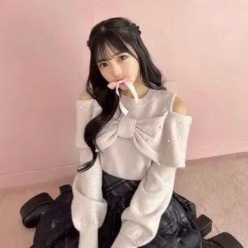 evelyn 에블린 리본 오프숄더 니트 핑크