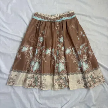 ELLE 꽃무늬 플레어 스커트 브라운 일본제 종아리 기장 레트로 페미닌