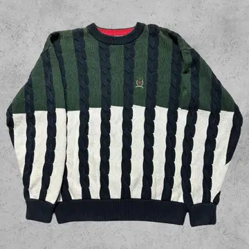 00s 타미힐피거 크레스트 자수 케이블 짜임 코튼 니트 XL