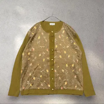 가디건 90s 꽃무늬 자카드 골드 버튼 머스타드 M 레트로