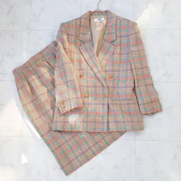 빈티지 트위드 셋업 쇼와 레트로 실크 혼방 골드 버튼 7/9호