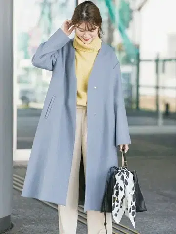 SHIPS 노카라 롱 코트 울 블루 BELLANDI