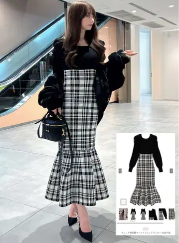 GRL 체크 무늬 절개 머메이드 니트 원피스[kz719]