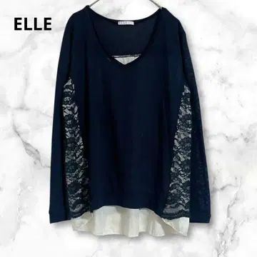 ELLE 엘르 네이비 V넥 긴팔 상의 꽃무늬 레이스 셔츠 M