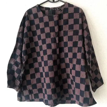 쿠사노 에이 쿠루메가스리 블라우스 긴팔 체크 패턴 브라운 블랙 루즈핏