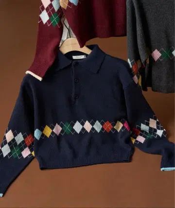 배색 미니 아가일 폴로 니트/폴로 옷깃/카라 부착 니트