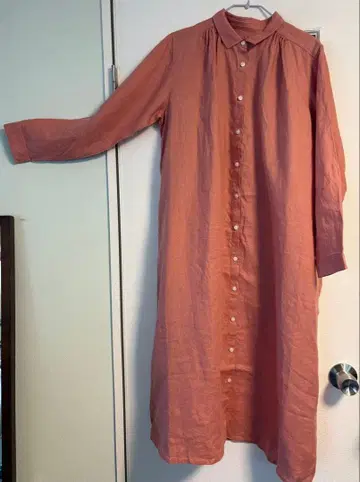 무인양품 린넨 워싱 긴팔 셔츠 원피스 핑크 M