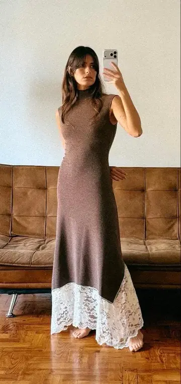 ZARA 레이스 대비 롱 원피스 밑단 레이스 슬리브리스 M