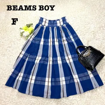 빔즈 보이 타탄 체크 롱 플레어 스커트 블루 면 100 프리