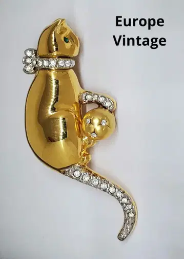 유럽 빈티지 고양이 비쥬 브로치 골드 콤비 주얼리