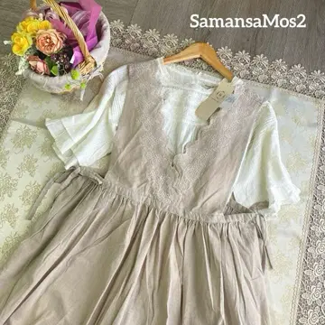 SamansaMos2 새상품 스캘럽 레이스 자수 리본 린넨 원피스