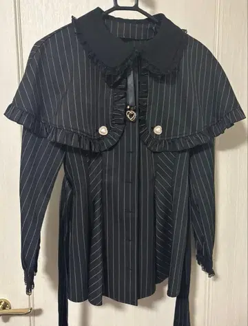 SEcretHoney 블랙 스트라이프 프릴 셔츠 셋업