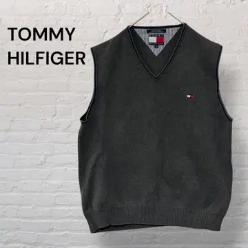 타미힐피거 니트 베스트 XL 그레이 00s Y2K V넥 플래그 로고