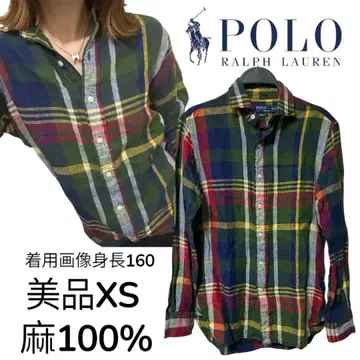 새상품급 랄프 로렌 린넨 긴팔 셔츠 마드라스 체크 XS 루즈핏