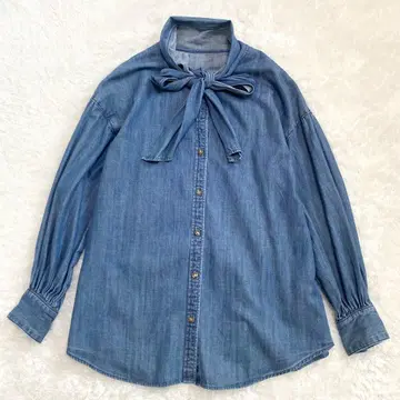 Rie Miller 리에밀러 데님 보타이 블라우스 리본 타이