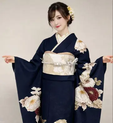 시크한 네이비 바탕의 국화 후리소데 풀세트