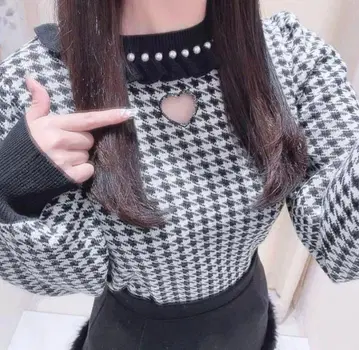 evelyn 하트컷 니트 하운드투스 체크 패턴