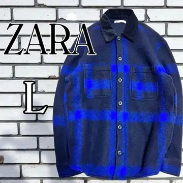 ZARA 플리스 자켓 블루종 체크 무늬 블루 블랙 L