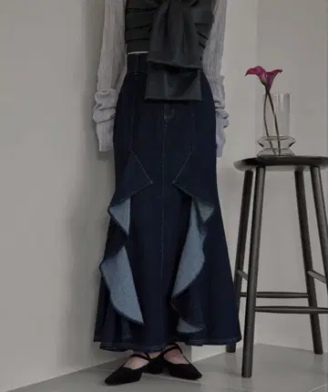 mideal 프릴 머메이드 데님 스커트 인디고 블루