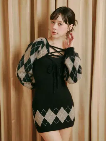 bubbles 버블스 레이스업 아가일 원피스 블랙 S 사이즈