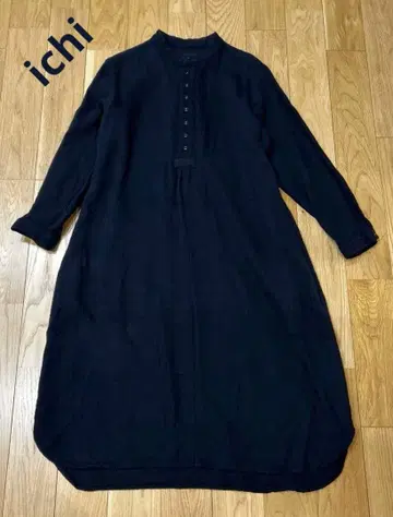 이치 이치 원피스 울 린넨 코튼 네이비