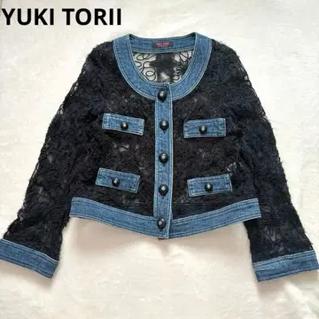 유키토리이 데님 노카라 자켓 자수 플라워 튤 장식 버튼